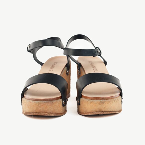 Chanel Black Leather Platform Wedge Sandals - Picture 2 of 9